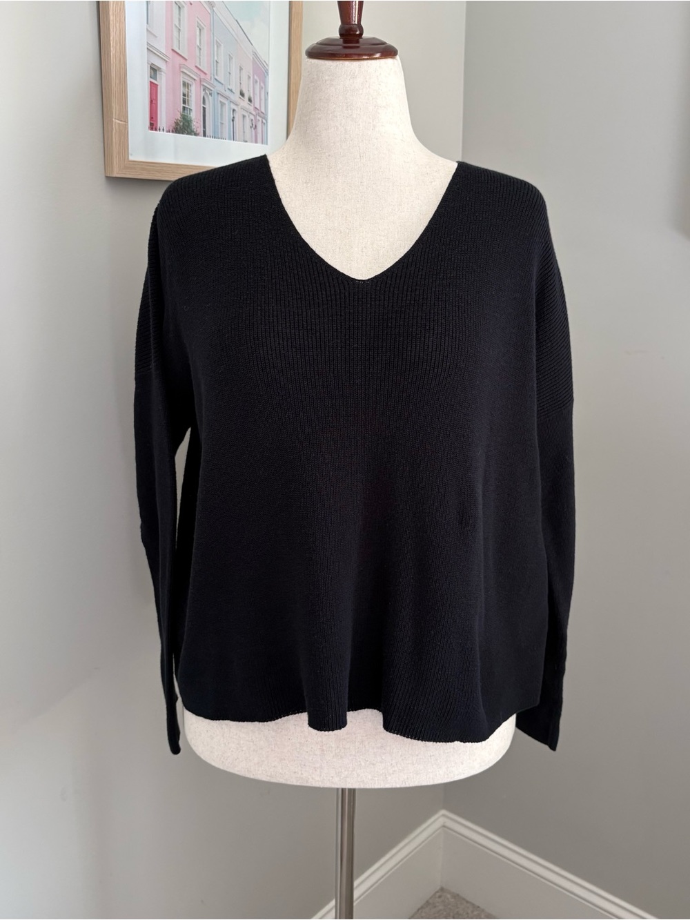 Eileen Fisher Black V-Neck Lightweight Knit Sweater